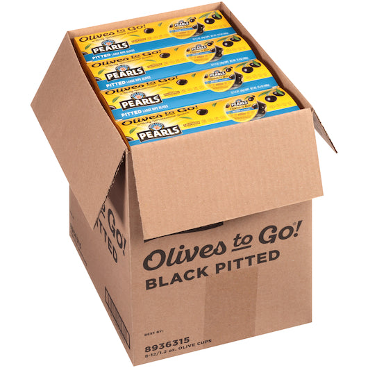 Pearls Black Ripe Olives To Go, 8 x 12 x 1.2 oz Case - GS1 open-case image