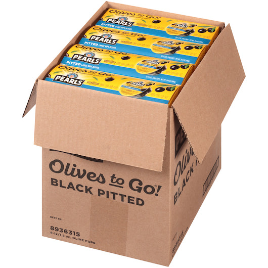 Pearls Black Ripe Olives To Go, 8 x 12 x 1.2 oz Case - GS1 open-case image