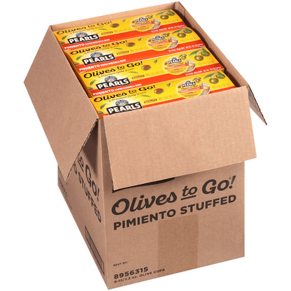Pearls Pimento Stuffed Manzanilla Olives To Go, 8 x 12 x 1.6 oz Case - GS1 open-case image