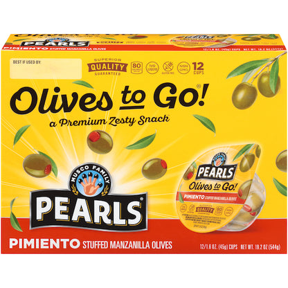 Pearls Pimento Stuffed Manzanilla Olives To Go, 8 x 12 x 1.6 oz Case - GS1 inner-pack image