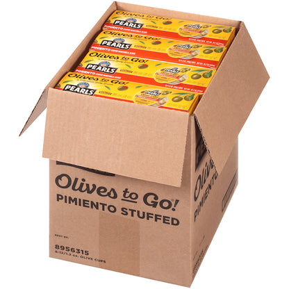 Pearls Pimento Stuffed Manzanilla Olives To Go, 8 x 12 x 1.6 oz Case - GS1 open-case image