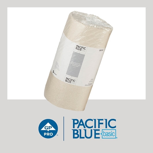 Pacific Blue Basic 2-Ply Recycled Perforated Brown Paper Roll Towels, 12 x 1 ct Case - Plates Bowls