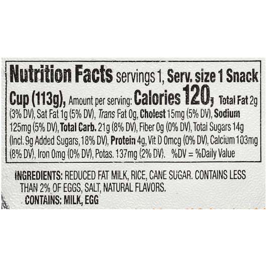 Kozy Shack Rice Pudding, 48 x 4 oz Case - Combined nutrition and ingredients label