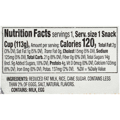 Kozy Shack Rice Pudding, 48 x 4 oz Case - Combined nutrition and ingredients label