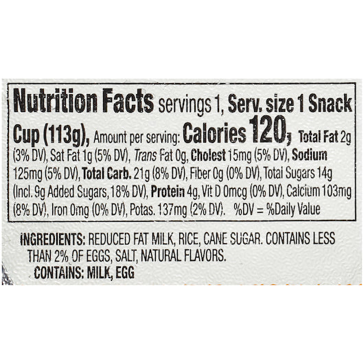 Kozy Shack Rice Pudding, 48 x 4 oz Case - Combined nutrition and ingredients label