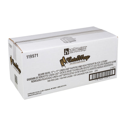 Hoffmaster Caterwrap Pre-Rolled White Napkin Heavy Weight Black Plastic Knife Fork Spoon Black Band, 2 x 50 ct Case - DOT product image 2