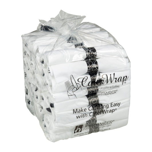 Hoffmaster Caterwrap Pre-Rolled White Napkin Heavy Weight Black Plastic Knife Fork Spoon Black Band, 2 x 50 ct Case