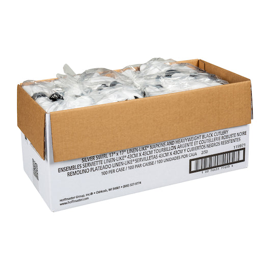 Hoffmaster Caterwrap Pre-Rolled White Napkin Heavy Weight Black Plastic Knife Fork Spoon Black Band, 2 x 50 ct Case - DOT product image 3