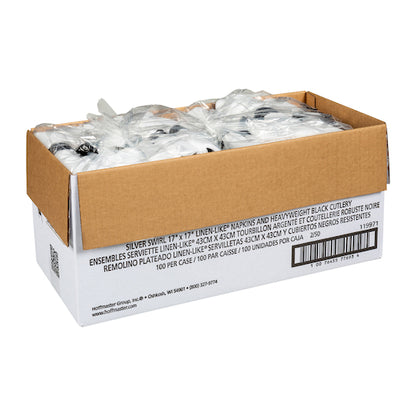 Hoffmaster Caterwrap Pre-Rolled White Napkin Heavy Weight Black Plastic Knife Fork Spoon Black Band, 2 x 50 ct Case - DOT product image 3