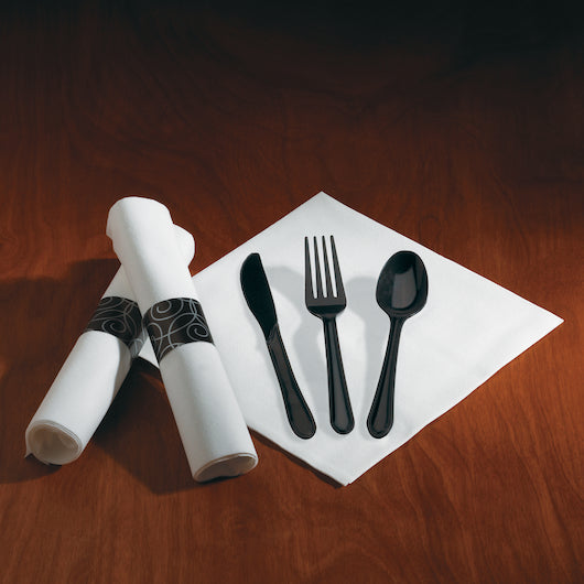 Hoffmaster Caterwrap Pre-Rolled White Napkin Heavy Weight Black Plastic Knife Fork Spoon Black Band, 2 x 50 ct Case - DOT product image 4