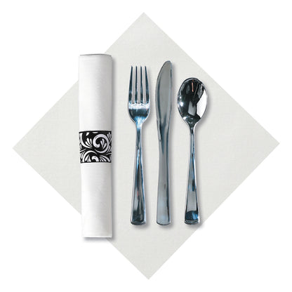 Hoffmaster Caterwrap Fashnpoint Pre-Rolled White Napkin Metallic Plastic Knife Fork Spoon Scroll Black Band, 2 x 50 ct - DOT product image 3
