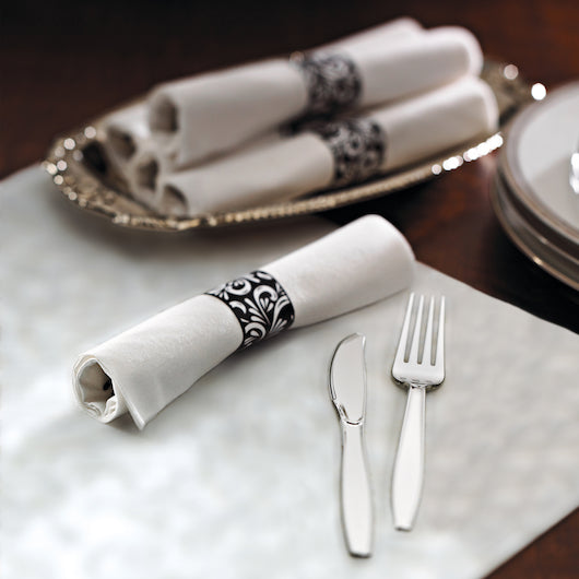 Hoffmaster Caterwrap Fashnpoint Pre-Rolled White Napkin Metallic Plastic Knife Fork Spoon Scroll Black Band, 2 x 50 ct - DOT product image 4