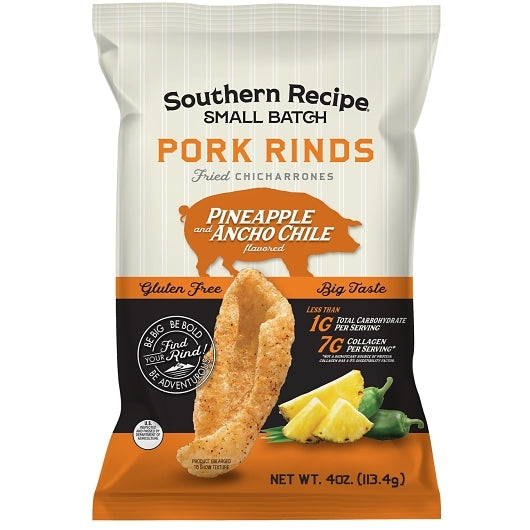 Southern Recipe Small Batch Pineapple Ancho Chile Pork Rinds, 12 x 4 oz Case - Meat Snacks