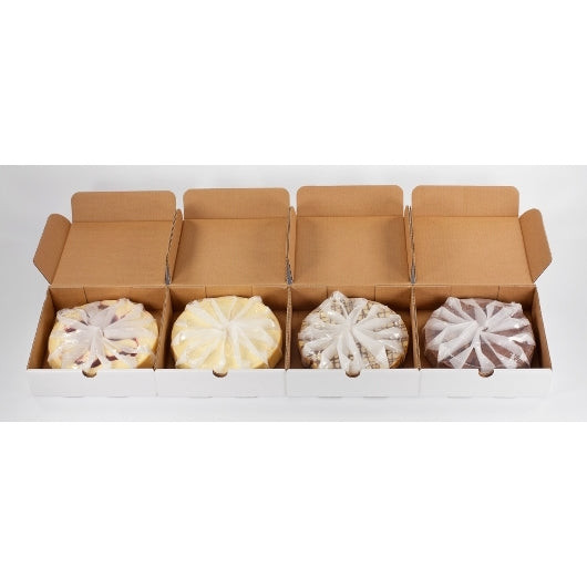 Alden Merrell Desserts 8" Assorted Cheesecakes: NY Vanilla, Raspberry Swirl, Silk Tuxedo & Chocolate Chip, 4 x 30 oz