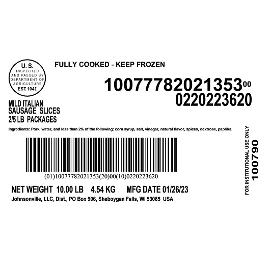 Johnsonville Fully Cooked SAUSAGE ITALIAN FULLY COOKED SLICED, 2 x 5 lb Case - DOT product image 3