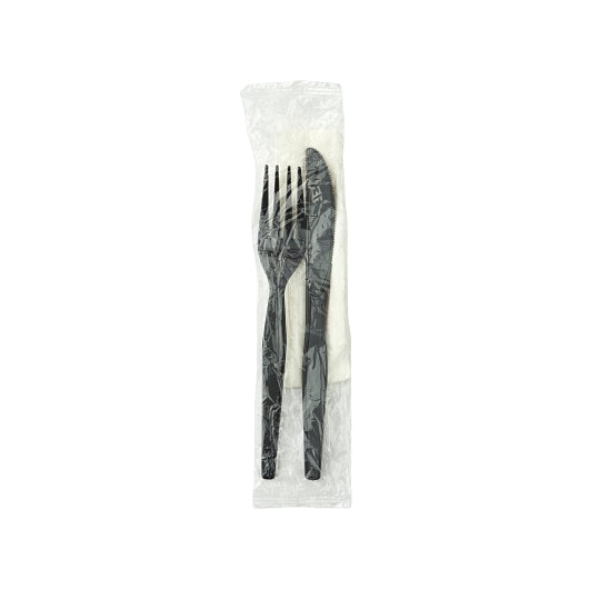 Dixie Heavy Weight Polystyrene Napkin, Knife and Fork Black Individually Wrapped Cutlery Kit, 1 x 500 ct Case - Plates