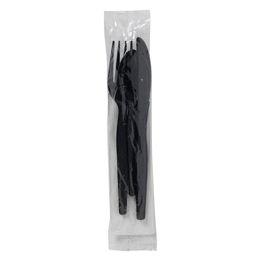 Dixie Heavy Weight Polystyrene Knife, Fork, Teaspoon, and Napkin Black Individually Wrapped Cutlery Kit, 1 x 250 ct Case