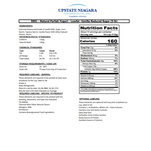 Upstate Farms All Natural Low Fat Blended Yogurt, 4 x 5 lb Case - Unclassified DOT image