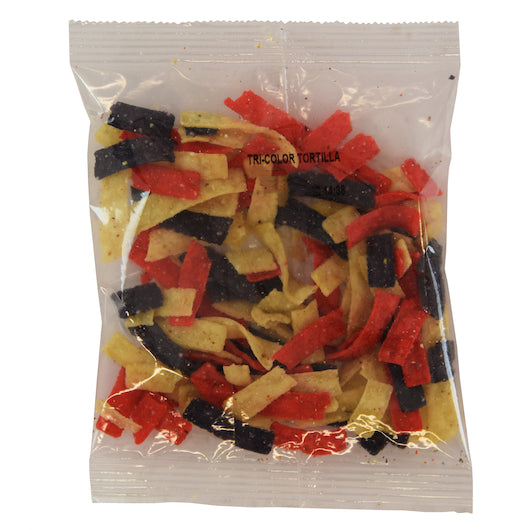 Fresh Gourment Crispy Tri-Color Tortilla Strips Salad Topping Single Serve, 140 x 0.5 oz Case - Snacks