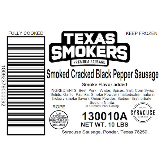 Texas Smokers SMOKED CRACKED BLACK PEPPER ROPE SAUSAGE, 1 x 10 lb Case - DOT product image 4