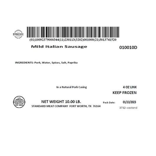 Syracuse Mild Italian Sausage Links, 1 x 10 lb Case - DOT product image 2