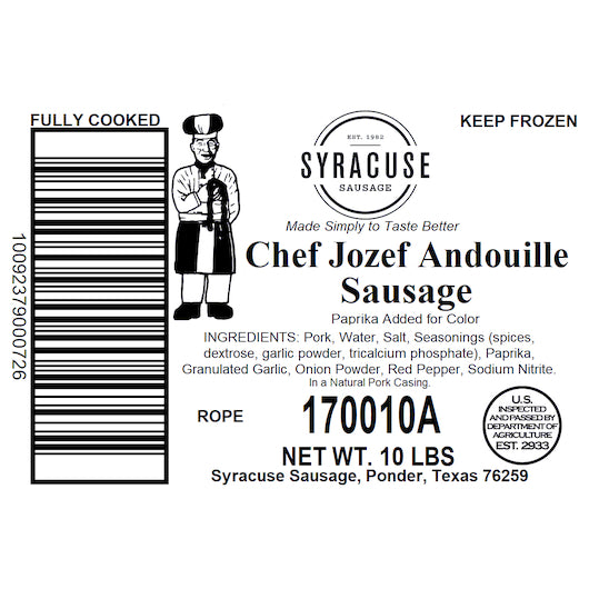 Syracuse Sausage Chef JГіzef's Smoked Andouille Rope, 1 x 10 lb Case - DOT product image 4