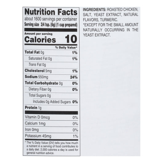 Gold Label No Chicken Base, No MSG Added, Gluten Free, 1 x 20 lb Case - Combined nutrition and ingredients label