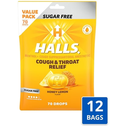 Halls Sugar Free Honey Lemon Cough Drops, 12 x 70 ct Case - Health & Personal Care