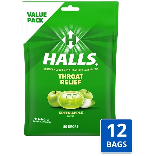 Halls Green Apple Cough Drops, 12 x 80 ct Case - Health & Personal Care