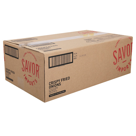 Savor Imports CRISPY FRIED ONIONS, 6 x 24 oz Case - GS1 closed shipping case image