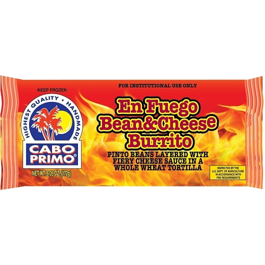 Cabo Primo En Fuego Bean & Cheese Burrito, 80 x 80 x 6.05 oz Case - Prepared Foods