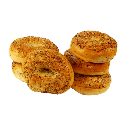 Just Bagels 4 Ounce Sliced Everything Bagel, 8 x 6 each Case - Breads, Rolls & Buns
