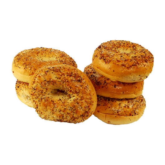 Just Bagels 4 Ounce Sliced Everything Bagel, 8 x 6 each Case - Breads, Rolls & Buns