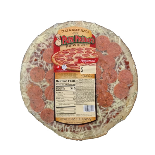 Papas Primos Large Pepperoni Pizza, 6 x 33 oz Case - Prepared Foods