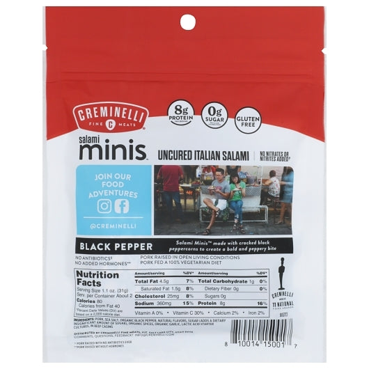 Creminelli Fine Meats Salami Minis Black Pepper Uncured Italian Salami, 12 x 1 each Case - DOT product image 8