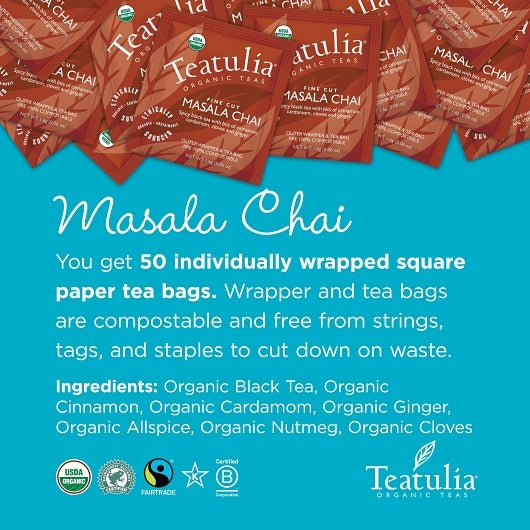 Teatulia Organic Masala Chai Standard Tea Bags, 50 x 1 each Case - DOT product image 3