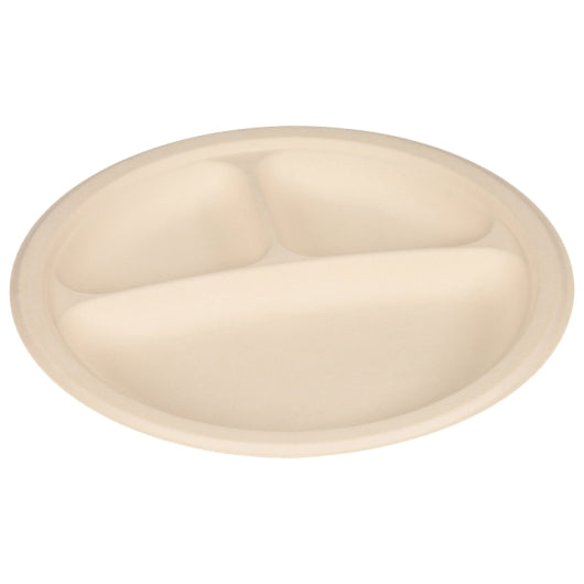 Tellus 3-Compartment Round Plate, 9 Inch, 500 Plates, 4 x 125 each Case - Plates Bowls