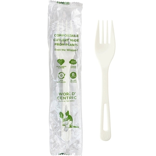 World Centric Tpla Compostable Corn Starch Individually Wrapped Fork, 1 x 750 each Case - Disposable Cutlery
