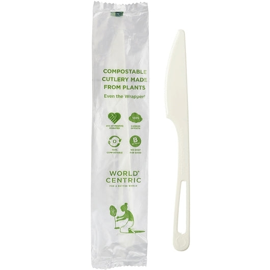World Centric Tpla Compostable Corn Starch Individually Wrapped Knife, 1 x 750 each Case - Disposable Cutlery
