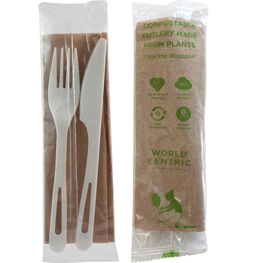 World Centric Tpla Compostable Individually Wrapped Knife, Fork, and Napkin Assorted Cutlery Kit, 1 x 500 each Case