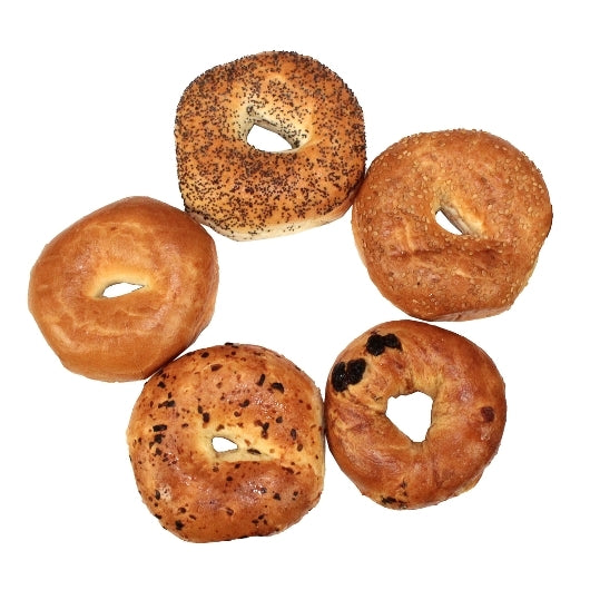Burry Thaw & Serve Sliced Bagel Variety- 36 Plain, 18 Cinn Raisin, 12 Sesame, 12 Poppy, 12 Onion, 90 x 3 oz Case
