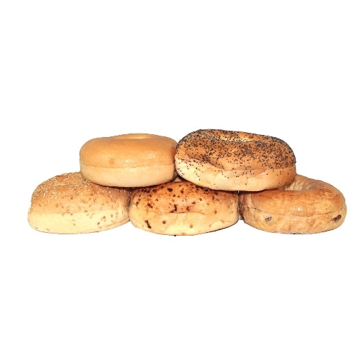 Burry Thaw & Serve Sliced Bagel Variety - 24 Plain, 12 Cinnamon, 12 Poppy, 12 Sesame, 12 Onion, 72 x 4 oz Case - Breads