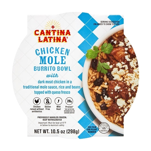 Cantina Latina Chicken Mole Burrito Bowl With Rice Beans & Queso Fresco, 8 x 10.5 oz Case - Plates Bowls