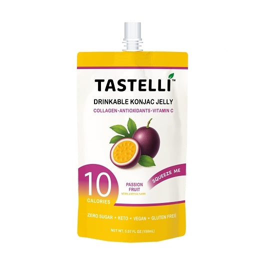 Tastelli Passion Fruit Drinkable Konjac Jelly Snack with Plant-based Collagen + Antioxidants + Vitamins, 4 x 10 x 5.07