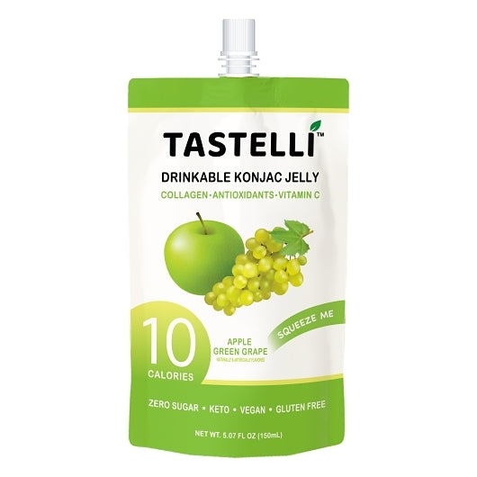 Tastelli Green Apple Grape Drinkable Konjac Jelly Snack with Plant-based Collagen + Antioxidants + Vitamins, 4 x 10 x