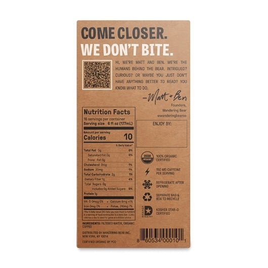 Wandering Bear On STRAIGHT BLACK COLD BREW COFFEE, 3 x 96 fl oz Case - Nutrition facts label