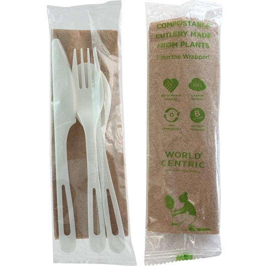 World Central WORASPSTN Tpla Compostable Corn Starch Individually Wrapped Knife, Fork, Spoon, & Napkin Assorted Cutlery