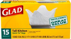 Glad Quick-Tie Tall Kitchen Trash Bags, 13 Gallon, 15-Count (Pack of 6)