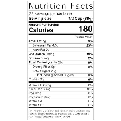 Villa Dolce ROASTED BANANA GELATO, 1 x 5 LT Case - Nutrition facts label