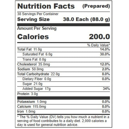 Villa Dolce TIRAMISU GELATO, 1 x 5 LT Case - Nutrition facts label